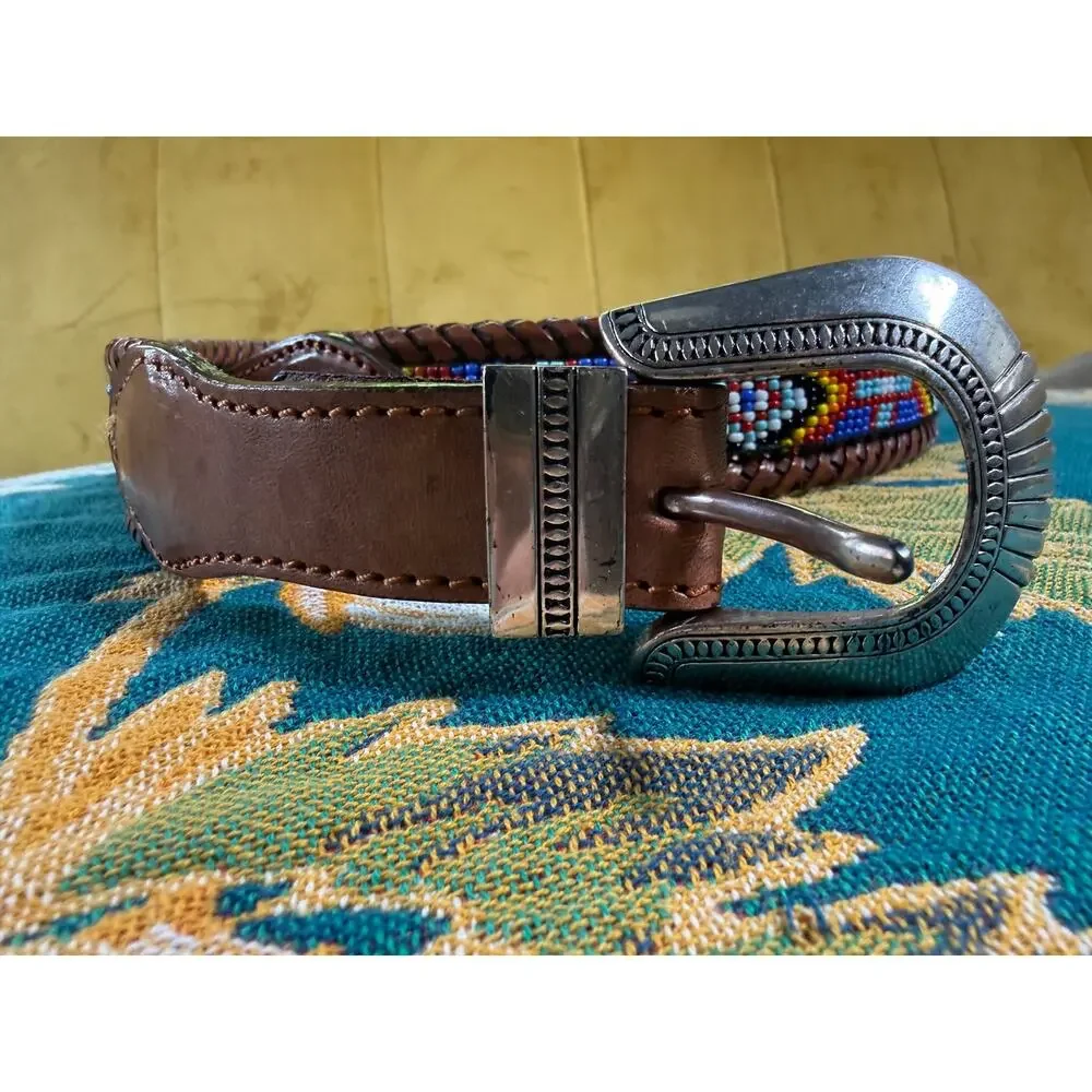 Vintage 90s Aztec southwestern beaded leather belt intricate silver buckle 30